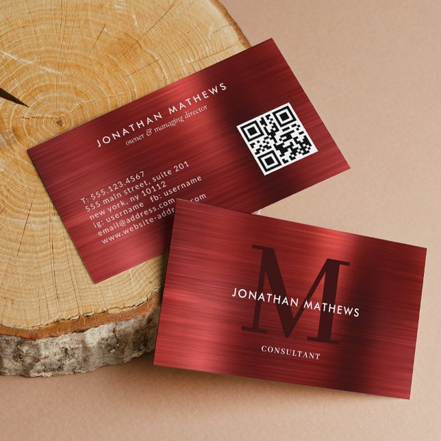 Modern QR Code Brushed Metallic Red Monogram Business Card (Creator Uploaded)