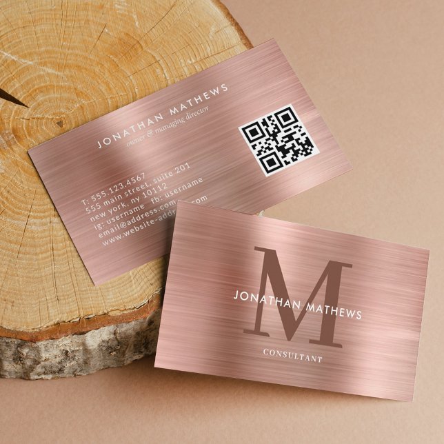 Modern QR Code Brushed Metallic Rose Gold Monogram Business Card (Creator Uploaded)