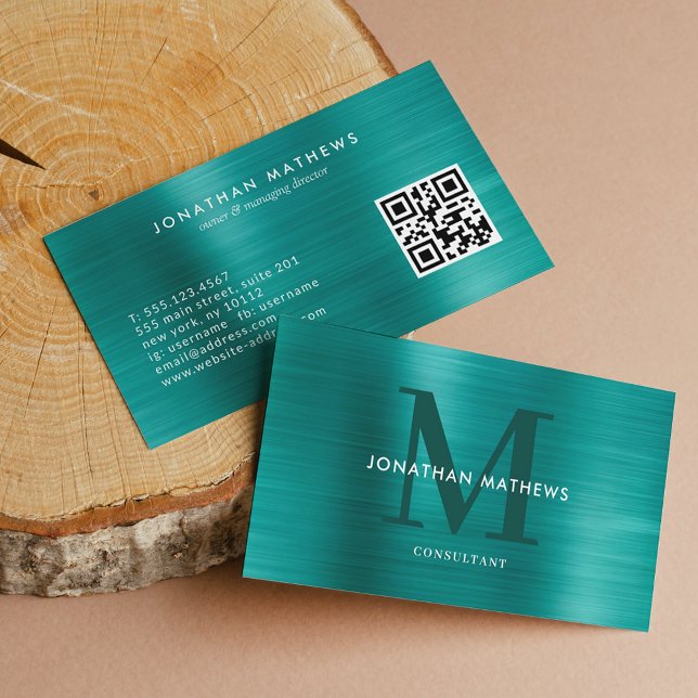 Modern QR Code Brushed Metallic Teal Monogram Business Card (Creator Uploaded)