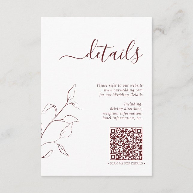 Modern QR Code Burgundy Wedding Details Enclosure Card (Front)