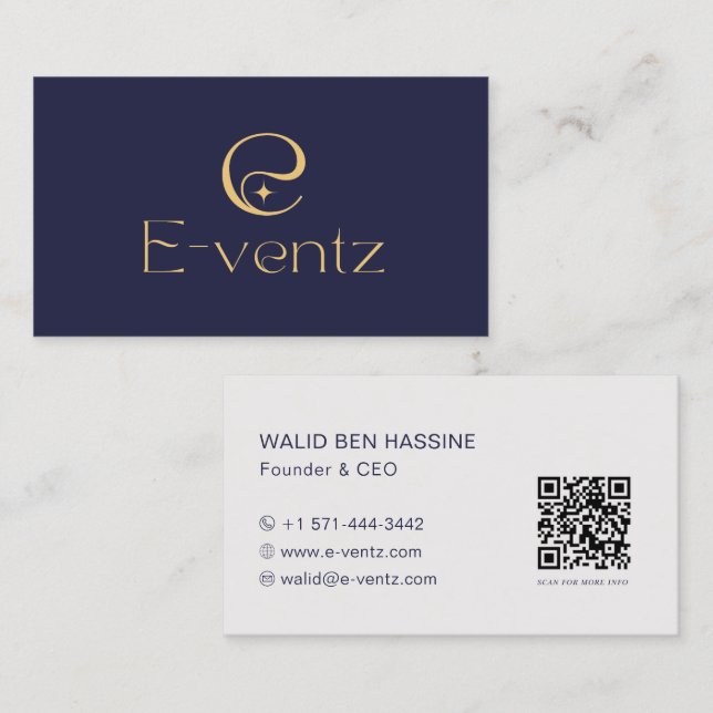 Modern QR Code & Business Logo l Navy Blue & Gold Card (Front/Back)