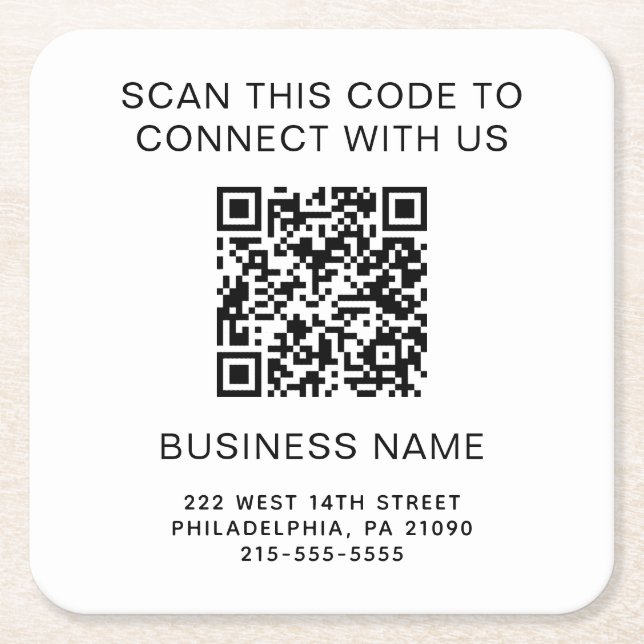 Modern QR Code Company Promotional Square Paper Coaster (Front)