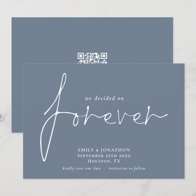 Modern QR Code Decided on Forever Dusty Blue Save The Date (Front/Back)