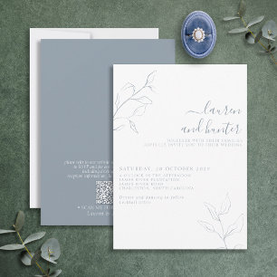 Modern QR Code Dusty Blue Script Botanical Wedding Invitation