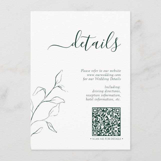Modern QR Code Emerald Green Wedding Details Enclosure Card (Front)