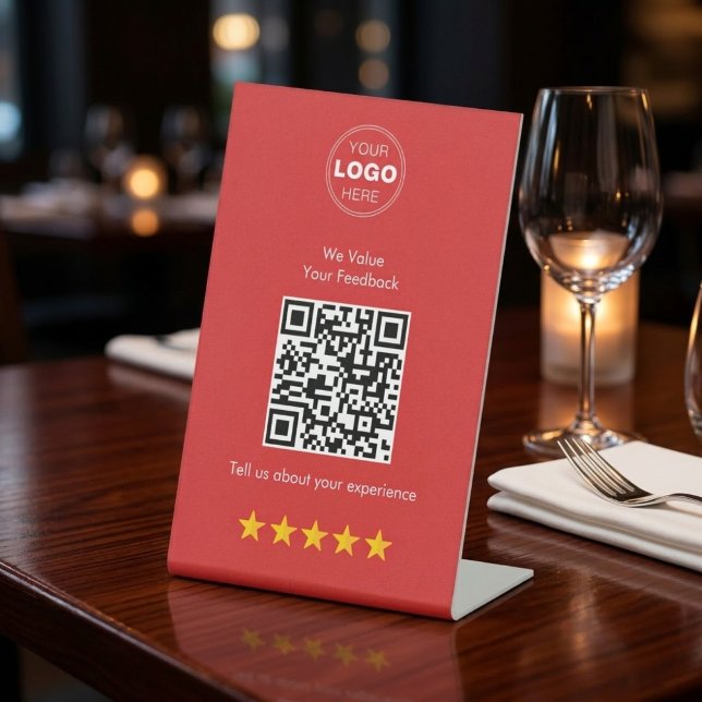 Modern QR Code Feedback & Review Red & White Pedestal Sign (Boost Restaurant Reviews: Modern Red QR Code Pedestal Sign for Tabletop)