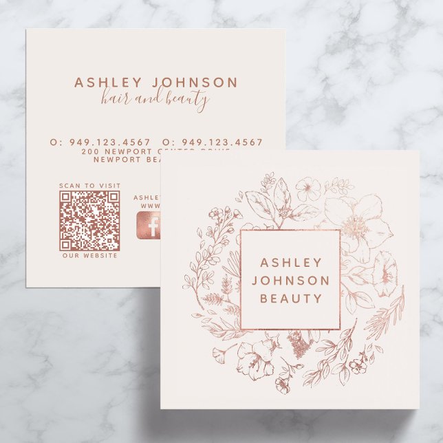 Modern QR Code Feminine Girly Blush Pink Botanical Square Business Card (QR Code Social Media Business Card)
