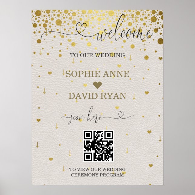 Modern QR Code Gold Confetti Wedding Welcome Sign (Front)