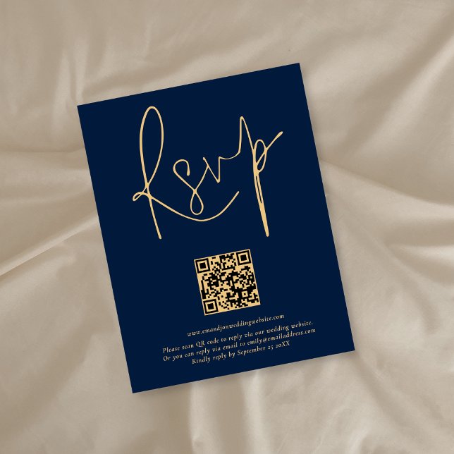 Modern QR Code Gold Navy Blue Script Wedding RSVP Card (Creator Uploaded)
