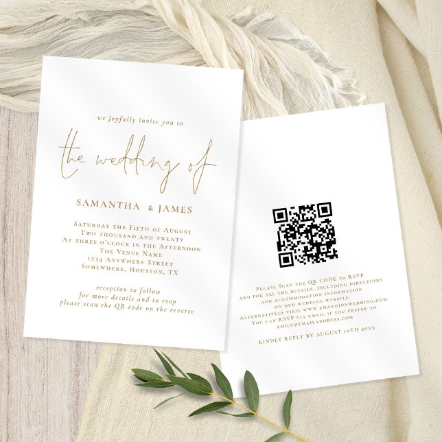 Modern QR Code Gold White Wedding Invitation (Front and back view. Available digitally or printed. Part of a matching wedding collection.)