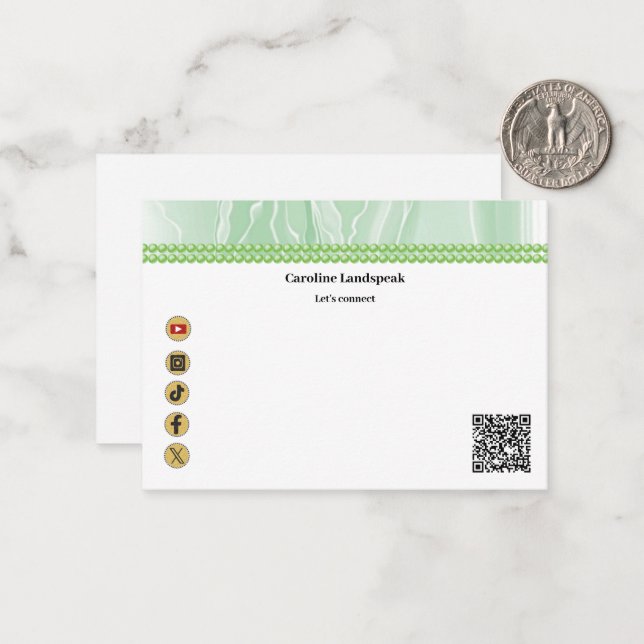 Modern QR Code Green Silk Pearls Social Media Card (Front/Back In Situ)