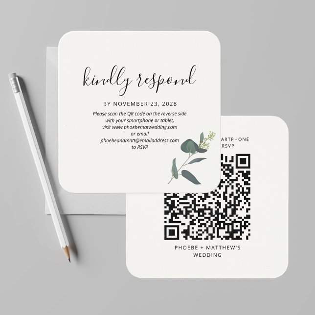 Modern QR Code Greenery RSVP Wedding Enclosure (Eucalyptus Green Leaves QR Code Wedding RSVP Code)