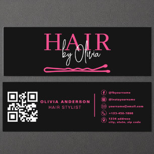 Modern QR Code Hair Stylist Black Hot Pink Mini Business Card