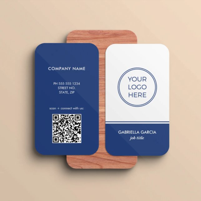 Modern QR Code Logo Blue Business Card (Card shown in 3.5 x 2 inches with round corners. )