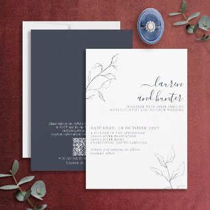 Modern QR Code Navy Blue Script Botanical Wedding Invitation