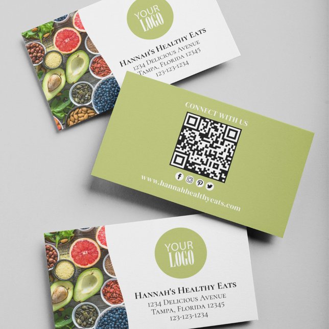 Modern QR Code Photo and Logo Green Business Card (With a scannable QR code and social media icons. )