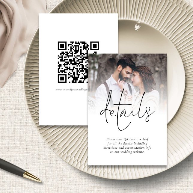Modern QR Code Photo Overlay Wedding Details Enclosure Card (Front and back view)
