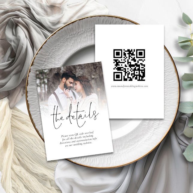 Modern QR Code Photo Wedding Details Enclosure Car Card (Front and back view)