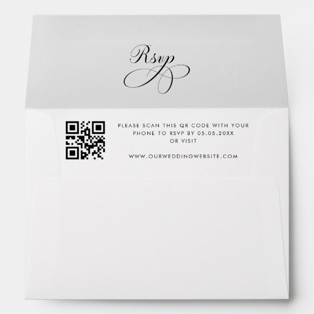 Modern QR Code Pre-Addressed Black White Wedding Envelope (Back (Bottom))