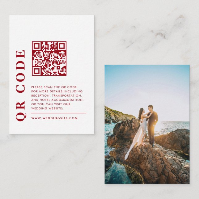Modern QR Code Red & White Wedding Details Photo Enclosure Card (Front/Back)