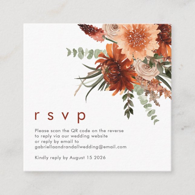 Modern QR Code Rust Terracotta Floral Wedding RSVP Enclosure Card (Front)