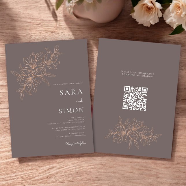 Modern qr code rustic peach  floral Invitation (modern rustic peach floral wedding invitation with qr code for your wedding website )