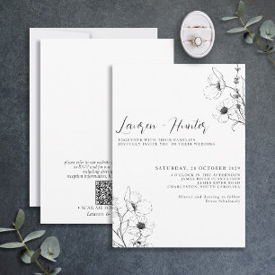 Modern QR Code Script Black White Floral Wedding Invitation