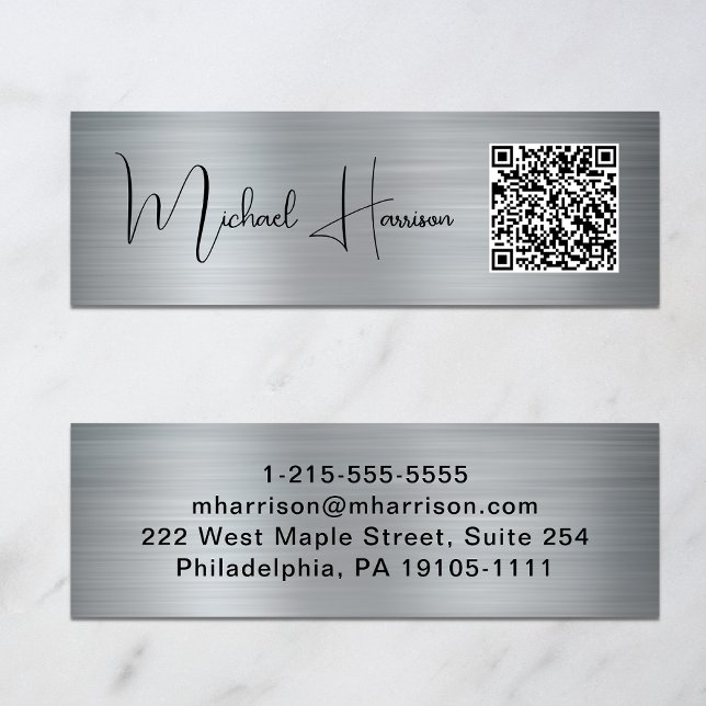 Modern QR Code Signature Script Silver Mini Business Card (Capture attention, make connections, and leave a lasting impression with our QR code business card)