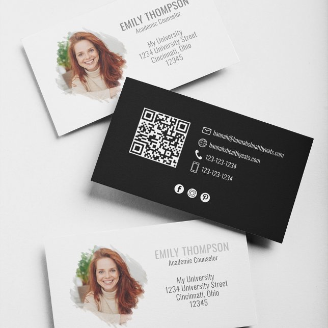 Modern QR Code Social Media Professional Photo Business Card (Simple minimalist black and white business card with QR code and watercolor photo effect. )