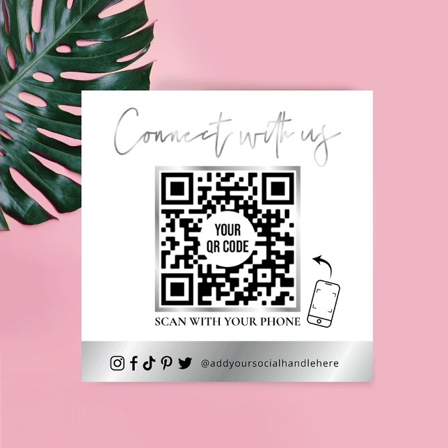 Modern QR Code Social Media White & Chrome Silver Square Business Card (Creator Uploaded)
