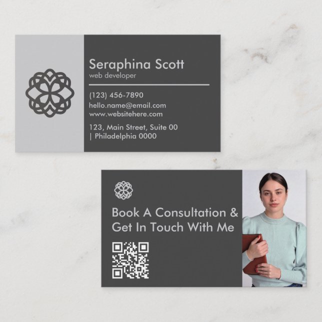 Modern QR Code Tech Savvy Sleek Black Grey Clean Business Card (Front/Back)