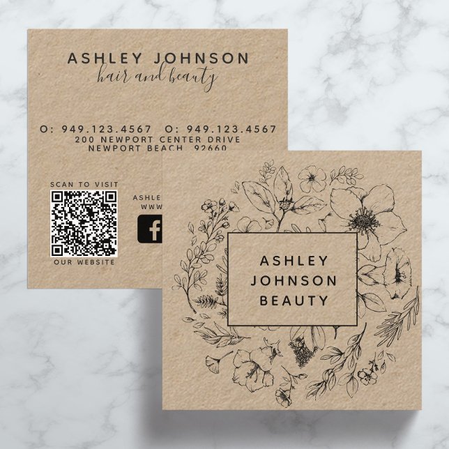 Modern QR Code Website Botanical Kraft and Black Square Business Card (QR Code Social Media Business Card)