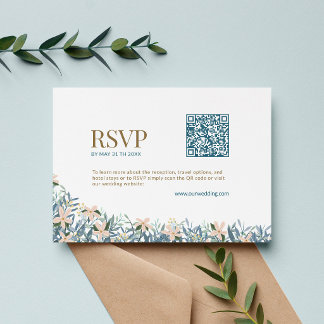 Modern QR Code Wedding RSVP Wildflower Monogram Enclosure Card
