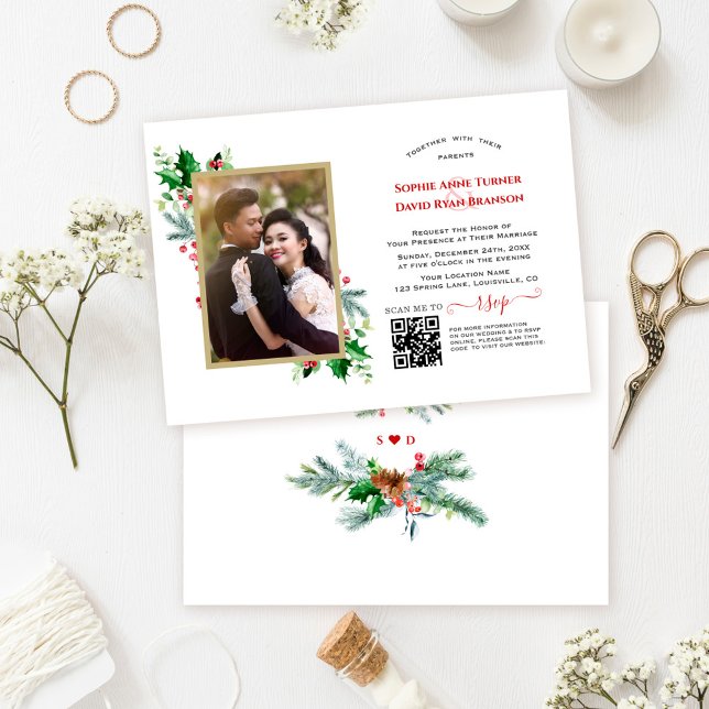 Modern QR Code Winter Holidays Photo Wedding Invitation (winter wedding photo qr code, christmas wedding invitation, pine berries xmas holidays wedding )