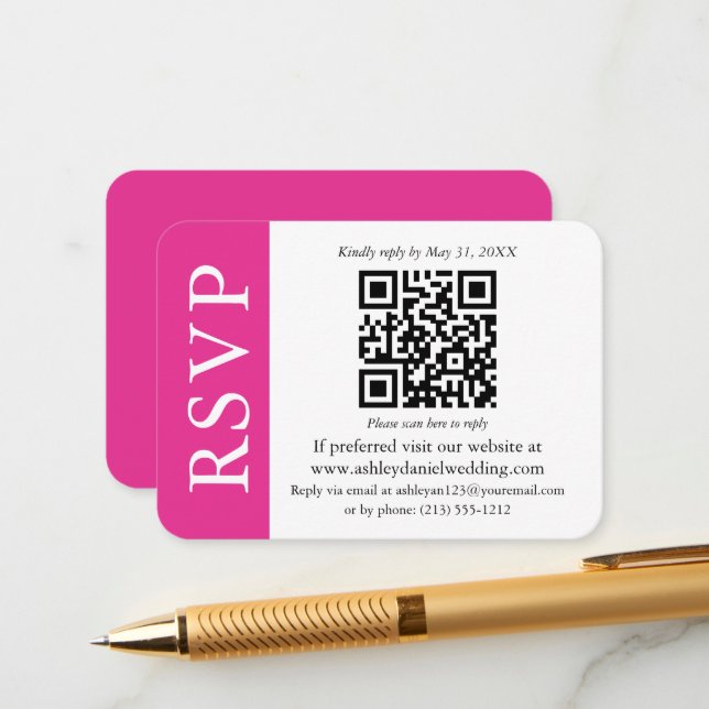 Modern QR Wedding RSVP Hot Pink and White Enclosure Card (Front/Back In Situ)