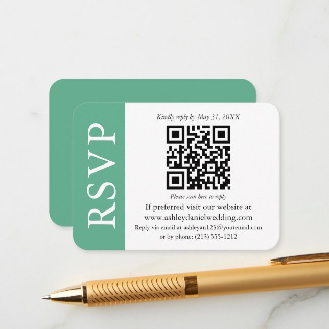 Modern QR Wedding RSVP Mint Green and White Enclosure Card (Front/Back In Situ)