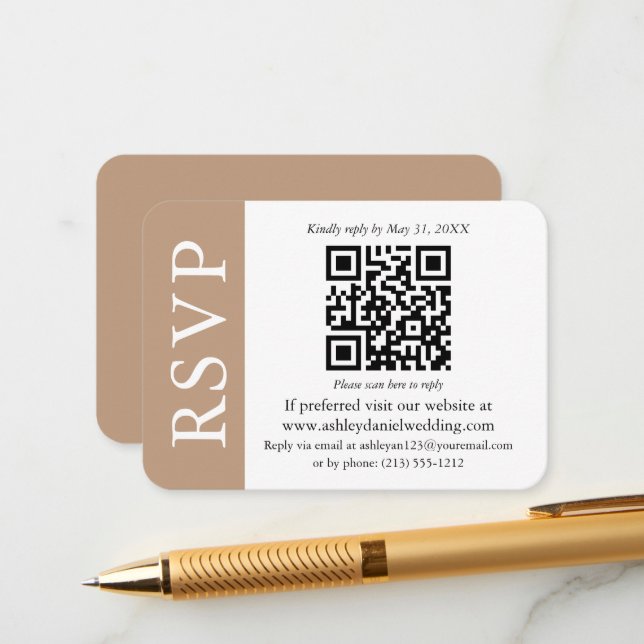 Modern QR Wedding RSVP Taupe and White Enclosure Card (Front/Back In Situ)