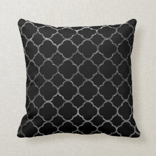 Modern Quatrefoil Pattern Moroccan Black Silver Cushion
