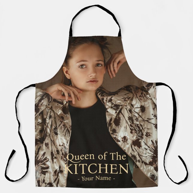 Modern Queen of the Kitchen Photo Name Apron (Front)