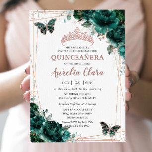 Modern Quinceañera Emerald Green Floral Rose Gold Invitation