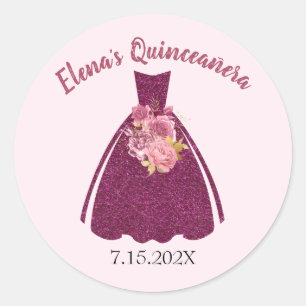 Modern Quinceañera Glitter Gown Classic Round Sticker