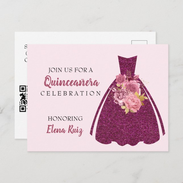 Modern Quinceañera Glitter Gown QR Code Invitation (Front/Back)