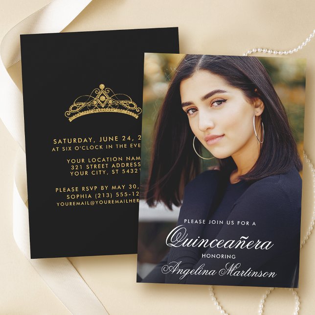 Modern Quinceanera Photo Gold and Black Invitation (Customize to change text style or text size.)