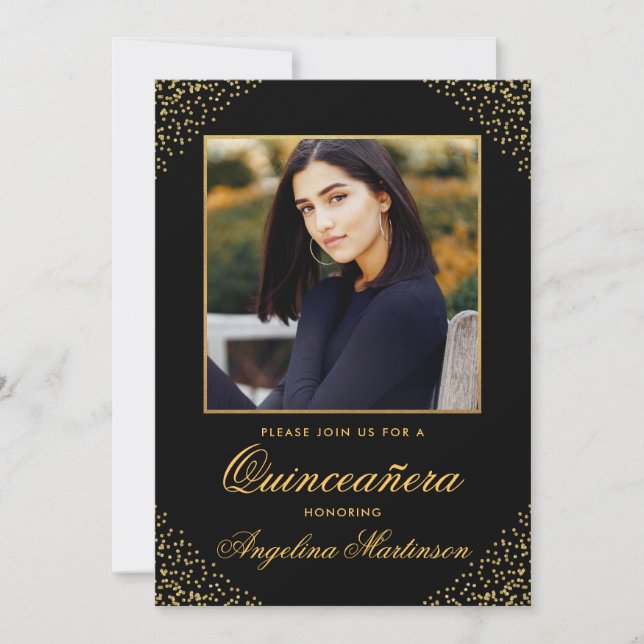 Modern Quinceanera Photo Gold Glitter Black Invitation (Front)