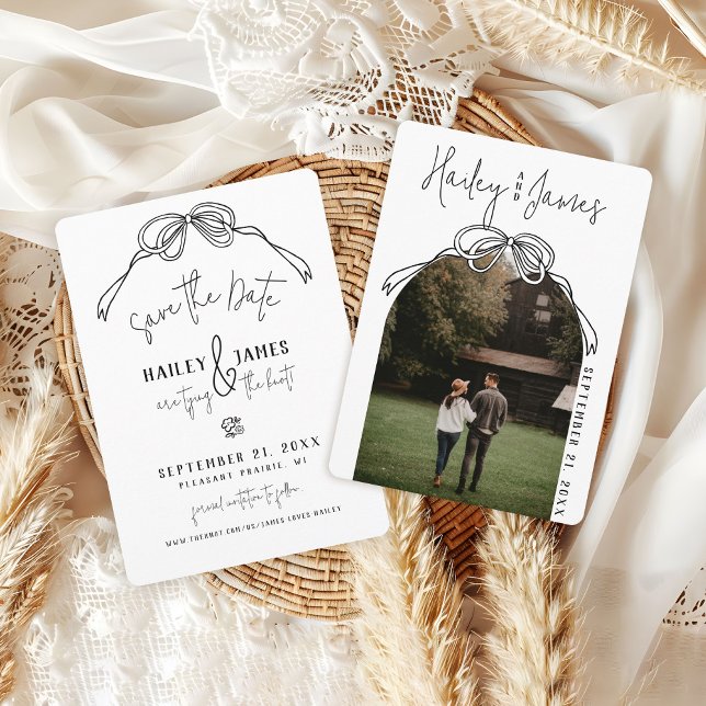 Modern Quirky Hand Drawn Bow BLACK Photo Wedding Save The Date (Rustic boho black and white hand drawn bow modern arch photo classy wedding save the date)