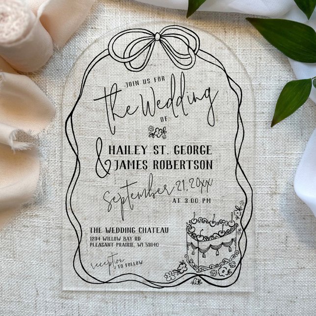 Modern quirky hand drawn bow BLACK retro wedding Acrylic Invitations (Simple hand drawn retro bow and heart cake black and white hand written script arch acrylic wedding)