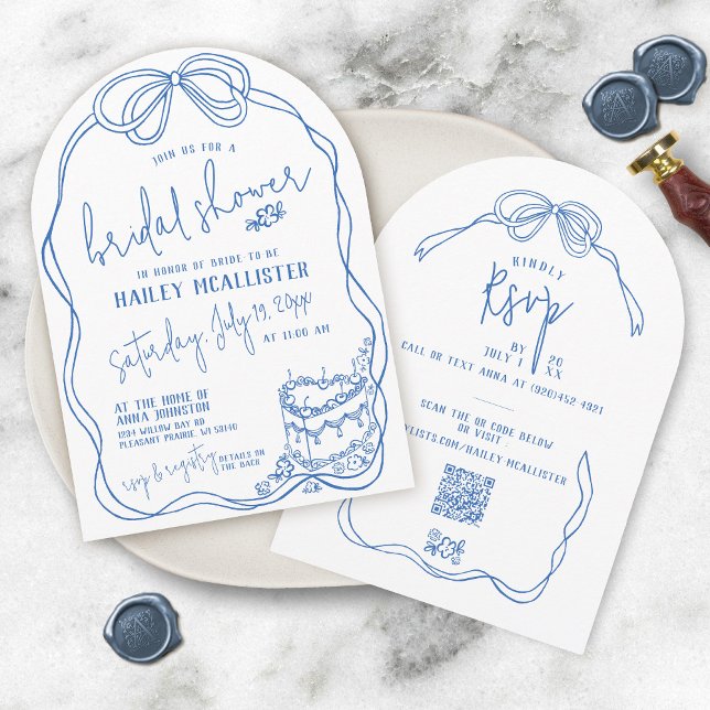 Modern Quirky Hand Drawn Bow BLUE Bridal Shower Invitation (Unique whimsical arch shape blue and white hand drawn coquette bows heart cake bridal shower invite)