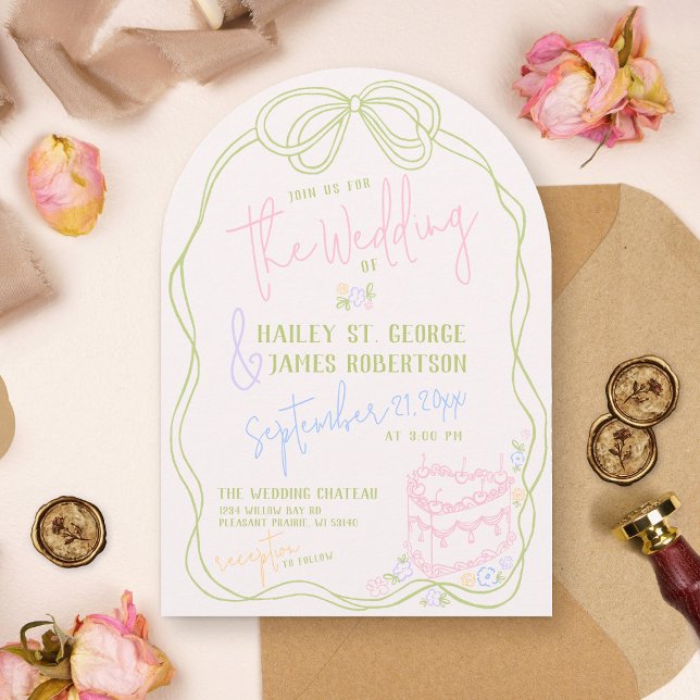 Modern quirky hand drawn bow PASTEL retro wedding Invitation (Ivory quirky modern retro hand drawn written bow cake floral wedding invitation QR code RSVP)