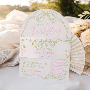 Modern quirky hand drawn bow PASTEL retro wedding Invitation Belly Band
