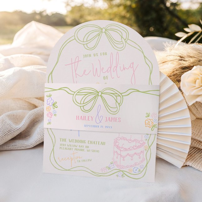 Modern quirky hand drawn bow PASTEL retro wedding Invitation Belly Band (Modern quirky hand drawn arch colorful green pastel bow frame ivory wedding invitation belly band)